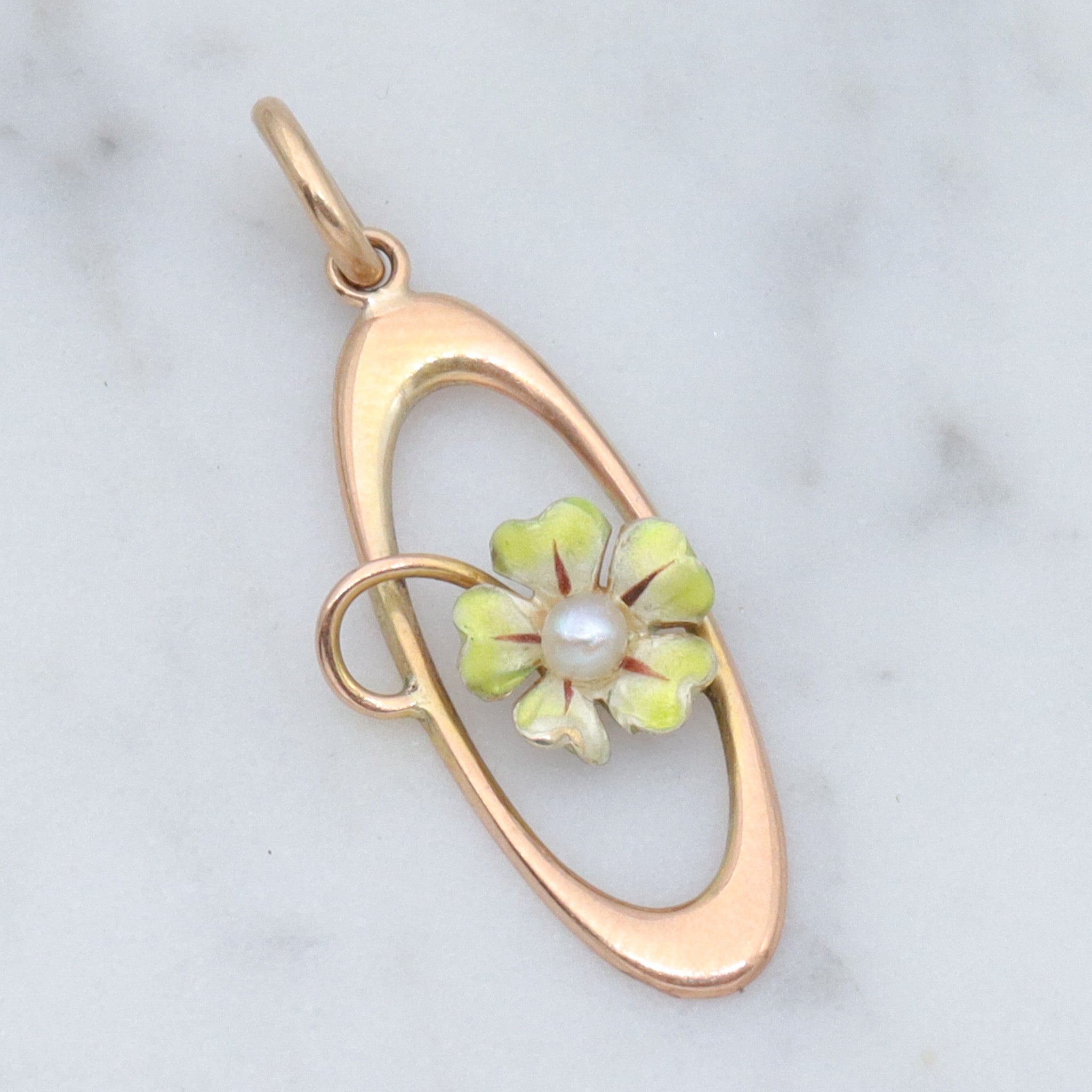 Antique Art Nouveau 10k gold enamel & pearl flower drop pendant